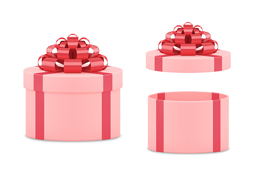 Realistic festive pink open and closed gift boxes set 3d template vector illustration