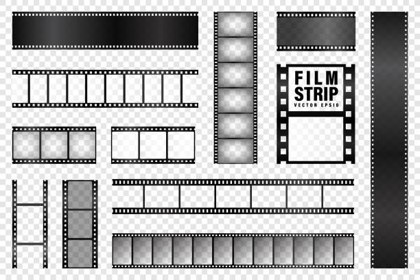 Realistic film strips collection. Old retro cinema movie strip. Vector illustration. Video recording Realistic film strips collection. Old retro cinema movie strip. Vector illustration. Video recording boulon pictures stock illustrations