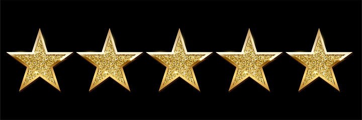 Realistic five shiny golden star set on black