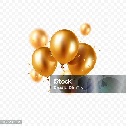 istock Realistic floating vector balloons isolated on transparent background. Design element gold colored balloons and glittering confetti for greeting card or party invitation. 1322891045
