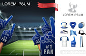 Realistic football fans attributes concept with soccer field cap hat scarf flag shirt foam gloves badges vuvuzela trumpets vector illustration