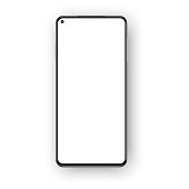 Realistic frameless phone mockup isolated on white background. Left placed selfie camera on the blank empty screen for your content. Vector