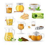 istock Realistic glass custard transparent teapot with hot fresh black ginger tea, plastic glass and ceramic cup, mug of tea with sugar, ginger root, tea bags, infusion in transparent glass teapot 1307138089