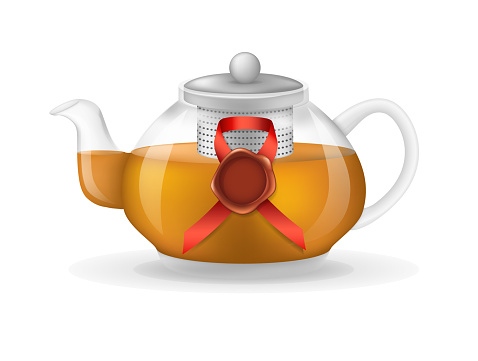 Realistic glass custard transparent teapot with hot fresh black tea and vintage red seal wax stamp infographic on a light background. Teapot with lid and tea leaves compartment vector