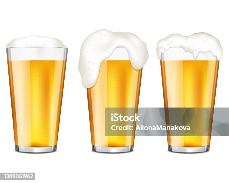 istock Realistic glasses of beer with bubbles and flowing white foam, isolated on white background. 1309061962
