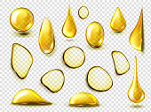 Golden drops and stains of oil or honey isolated on transparent background. Vector realistic mockup of liquid gold drips of organic cosmetic or food oil, top view of clear yellow puddles