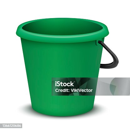 istock Realistic green plastic basket 3d template vector illustration. Household bucket with handle mockup 1366120686