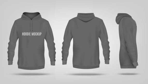 Realistic grey hoodie mockup with text template from front, back and side view Realistic grey hoodie mockup with text template from front, back and side view - casual men's sport apparel items. Hooded sweatshirt mock up - isolated vector illustration. hooded shirt stock illustrations