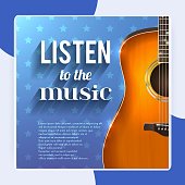 Realistic guitar on blue star background with listen to the music text vector illustration