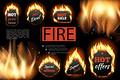 Realistic hot fire labels composition with Price Deal Offers Sale inscriptions on dark background with flames vector illustration