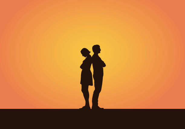 Realistic illustration of a silhouette of a couple of young people, men and women after a quarrel or disagreement. Isolated on an orange background - vector Realistic illustration of a silhouette of a couple of young people, men and women after a quarrel or disagreement. Isolated on an orange background - vector unhappy couple stock illustrations