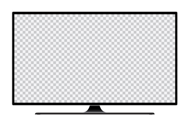 stockillustraties, clipart, cartoons en iconen met realistische afbeelding van zwarte tv met standaard en leeg transparante geïsoleerd scherm met ruimte voor uw tekst of afbeelding - vector - computermonitor