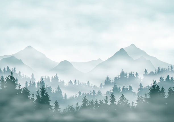 Realistic illustration of mountain landscape silhouettes with forest and coniferous trees. Fog haze or clouds under green-blue sky - vector Realistic illustration of mountain landscape silhouettes with forest and coniferous trees. Fog haze or clouds under green-blue sky - vector mountains in mist stock illustrations