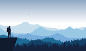 realistic illustration of mountain landscape with coniferous forest under blue sky with flying birds. Lonely hiker standing on top and looking into valley. - vector