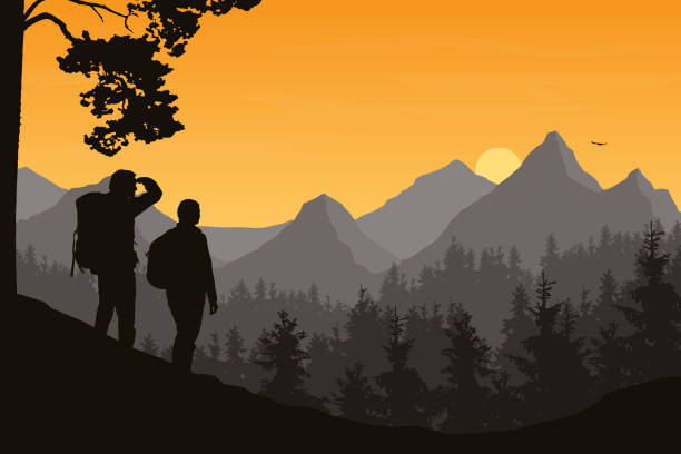 Realistic illustration of mountain landscape with forest and two tourists, man and woman. Morning orange sky with rising sun, clouds and flying bird - vector Realistic illustration of mountain landscape with forest and two tourists, man and woman. Morning orange sky with rising sun, clouds and flying bird - vector backgrounds silhouettes stock illustrations