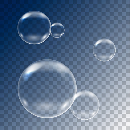 Realistic illustration of set of flying soap bubbles on transparent blue background - vector
