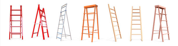 Realistic ladders. Wooden or metal staircase. 3D stepladder. Step construction. Work equipment. Types set of instruments for climbing. Vector development and personal growth concept Realistic ladders. Wooden or metal staircase. 3D stepladder. Isolated step construction. Work equipment. Types set of repair instruments for climbing. Vector development and personal growth concept construction worker safety checklist stock illustrations