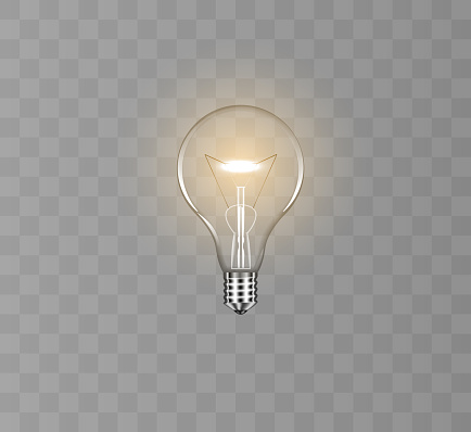 Realistic light bulb. Glowing yellow and white incandescent filament lamps, electricity on and of template.