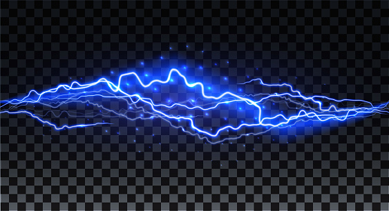 Realistic lightning. Thunder spark light on transparent background. Illuminated realistic path of thunder and many sparks. Bright curved line.