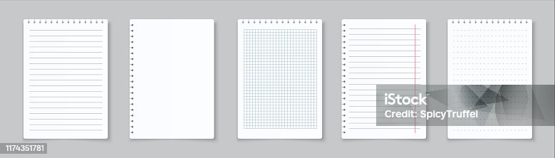 istock Realistic lined notepapers. Blank gridded notebook papers for homework and exercises. Vector paper sheets with lines and squares 1174351781