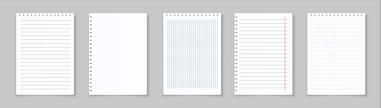 Realistic lined notepapers. Blank gridded notebook papers for homework and exercises. Vector paper sheets with lines and squares