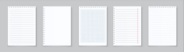Realistic lined notepapers. Blank gridded notebook papers for homework and exercises. Vector paper sheets with lines and squares Realistic lined notepapers. Blank gridded notebook papers for homework and exercises. Vector pads paper sheets with lines and squares for memo writing activity backgrounds stock illustrations