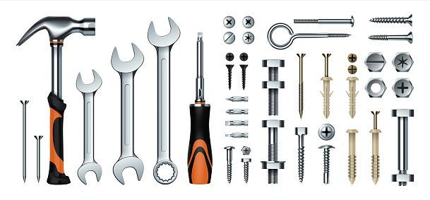 Realistic mechanic tools. 3D construction instrument set. Metal wrench and hummer, isolated screwdriver. Iron nails or screws with dowels. Hex nuts and eye hook. Vector hardware store