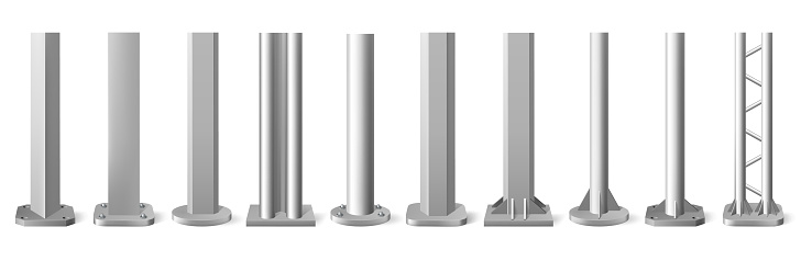 Realistic metal poles. Silver metal vertical pillars, glossy aluminum construction pole. Metallic bearing column vector illustration set
