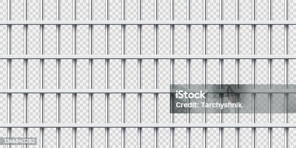 istock Realistic metal prison bars. Detailed jail cage, prison iron fence. Criminal background mockup. Creative vector illustration 1366840282