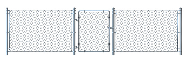 Realistic metal wire fence and gate   detailed illustration isolated on white background.