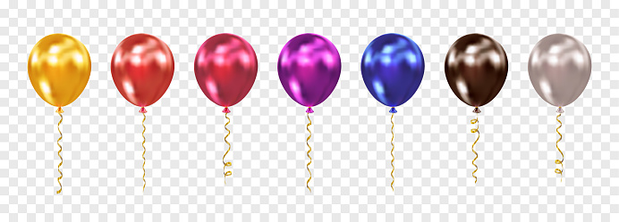 Realistic metallic balloon set isolated on transparent background. Flying glossy metallic helium air balloons for birthday, event, party, celebrate anniversary, wedding. Vector illustration