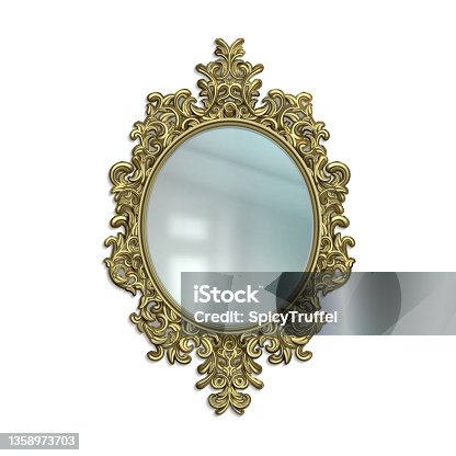 istock Realistic mirror with golden decorative frame. Reflective surface in Victorian ornate border. Hanging on wall royal interior decor. Round luxury framework. Vector room furnishing mockup 1358973703