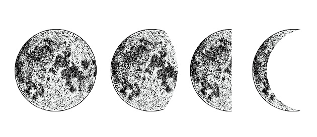 Realistic moon phases image on white background. Hand drawn cycle of moon phases. Vector