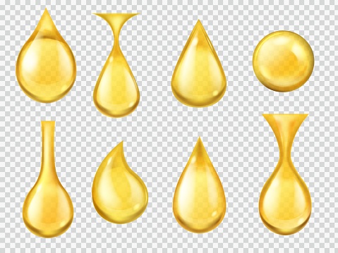 Realistic oil drops. Falling honey drop, gasoline yellow droplet. Gold capsule of liquid vitamin, dripping machine oil isolated vector