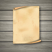 Realistic old roll on wooden boards.The empty dirty sheet of paper with a shadow.Template for design. Vintage frame.The ancient sheet of paper with the place for the text. Vector illustration.