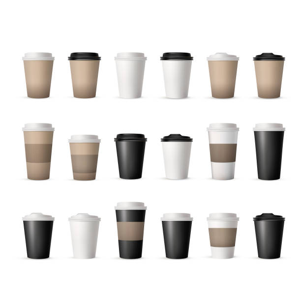Realistic paper or plastic disposable coffee cup with lid vector art illustration