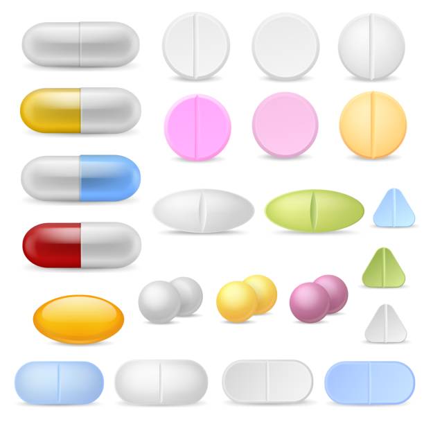 ilustrações de stock, clip art, desenhos animados e ícones de realistic pills icons. medicines tablets capsules drugs painkillers antibiotics vitamins. pharmaceutical treatment, vector set - ready mix