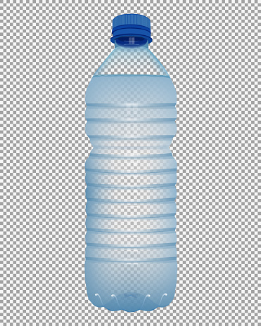 Realistic plastic bottle with water with close blue cap on transparent background