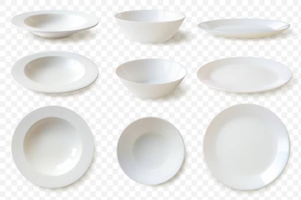 사실적인 플레이트 세트. 9 개의 고립 된 흰색 도자기 플레이트 벡터 는 음식 데모를위한 다양한 각도의 둥근 요리 세트에 현실적인 스타일로 모형을 만듭니다. - 접시 stock illustrations