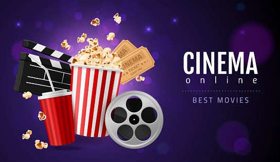 Realistic popcorn cinema. Movie watching concept, online filmshow entertainment, 3d cinematic objects, two tickets, snack and drink. Promotion flyer with copy space. Vector horizontal isolated poster