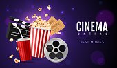 istock Realistic popcorn cinema. Movie watching concept, online filmshow entertainment, 3d cinematic objects, two tickets, snack and drink. Promotion flyer. Vector horizontal isolated poster 1337214283