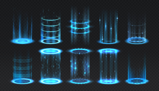 Realistic portal. Level up and teleportation process game effect, futuristic blue lighting and bright wrap aura. Isolated glowing neon energy circles set. Vector vertical teleport with luminous beams