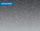 istock Realistic rain texture on transparent background. Rainfall, water drops effect. Autumn wet rainy day. Vector illustration 1290930879