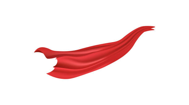 Realistic red cape blowing in the wind - piece of silk fabric sheet or curtain Realistic red cape blowing in the wind - piece of silk fabric sheet or curtain with drapery effect swept to the side or falling down. Vector illustration isolated on white background. flowing cape stock illustrations