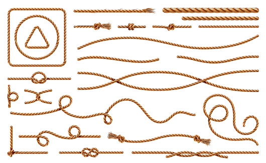 Threads and ropes, cords and knots made of fiber material. Vector realistic cartoon, growth textile wavy lines, curved shape of cable. Nautical loops for navy, tie and braided elements