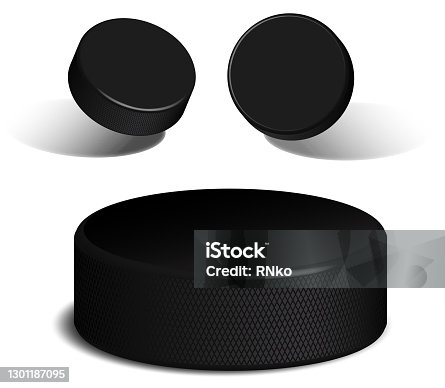 istock Realistic rubber hockey puck. 3D image of hockey puck lying on ice and in flight. Vector 1301187095