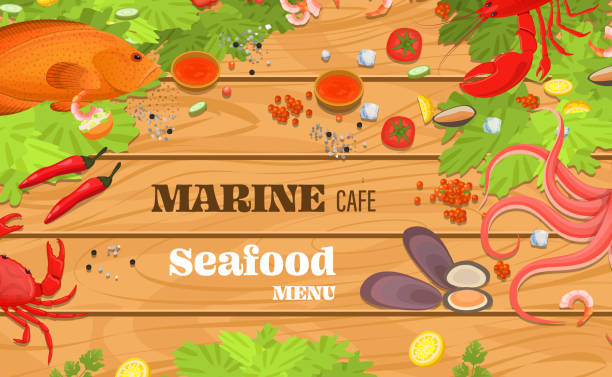 Realistic sea food top view background. Fish restaurant seafood...