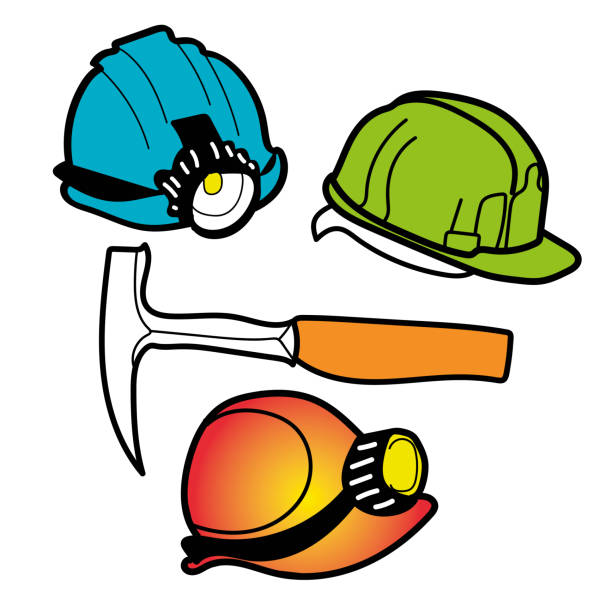 ilustrações de stock, clip art, desenhos animados e ícones de realistic set of different colors of protective helmets with and without a flashlight and geological hammer, isolated on a white background. - plastic hammers