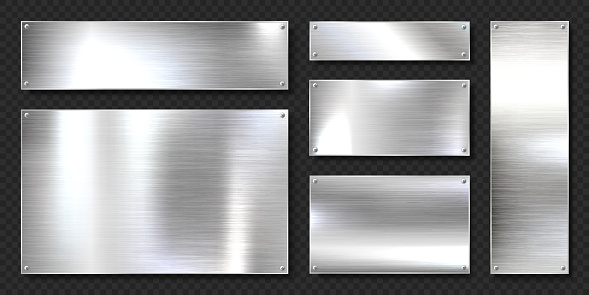Realistic shiny metal banners set. Brushed steel plate with screws. Polished silver metal surface. Vector illustration