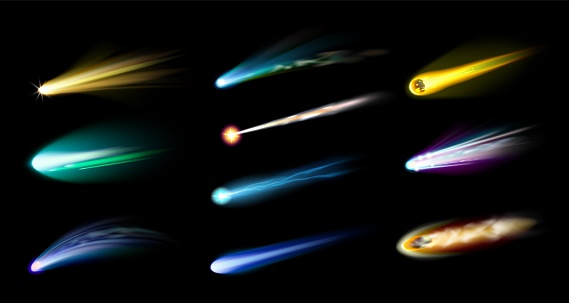 Realistic shooting star. 3D falling meteor trails. Comets flares. Fireball light. Meteorite burning atmosphere. Asteroid trace templates. Galactic elements. Vector cosmos twinkles set